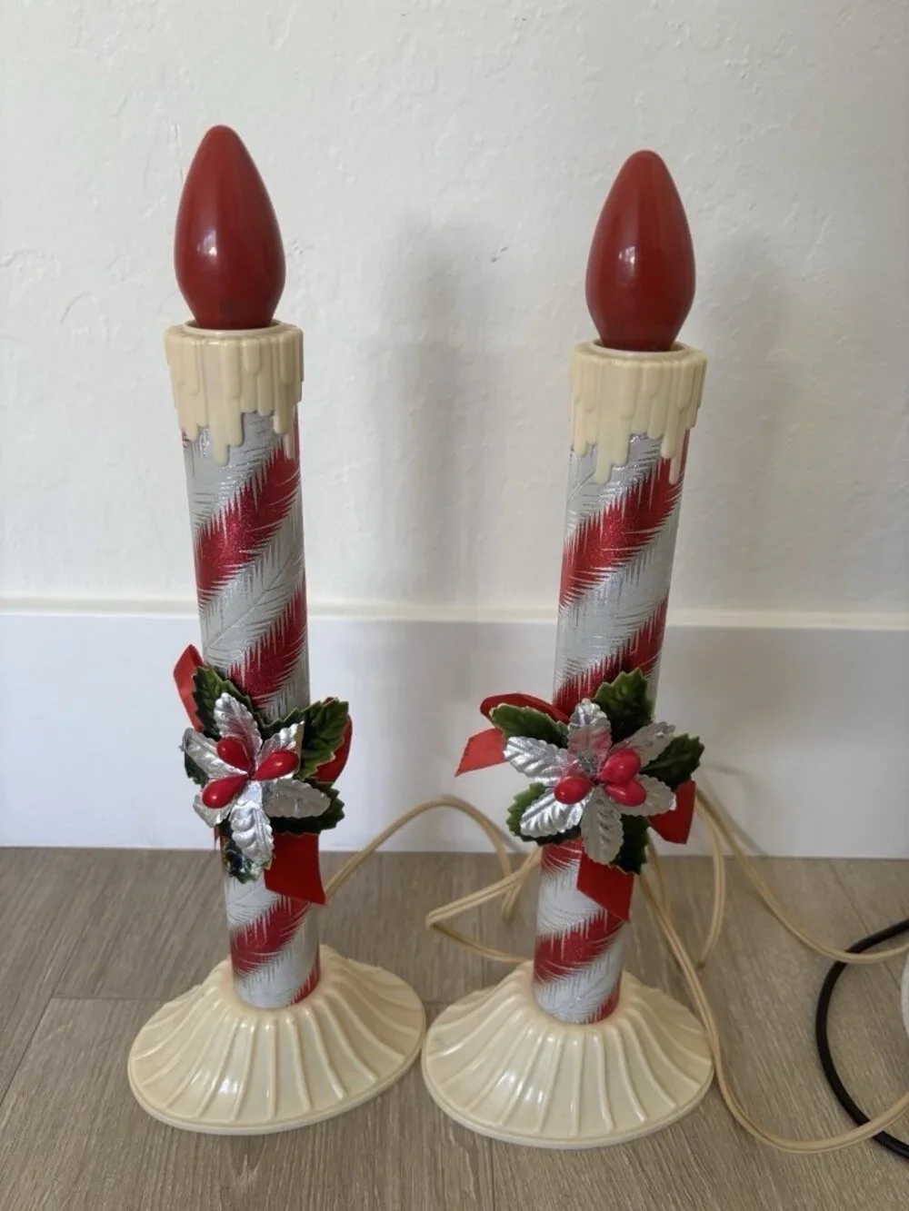 2 Vtg MCM 1950’s Candy Striped Electric CANDLE Xmas Light 12”